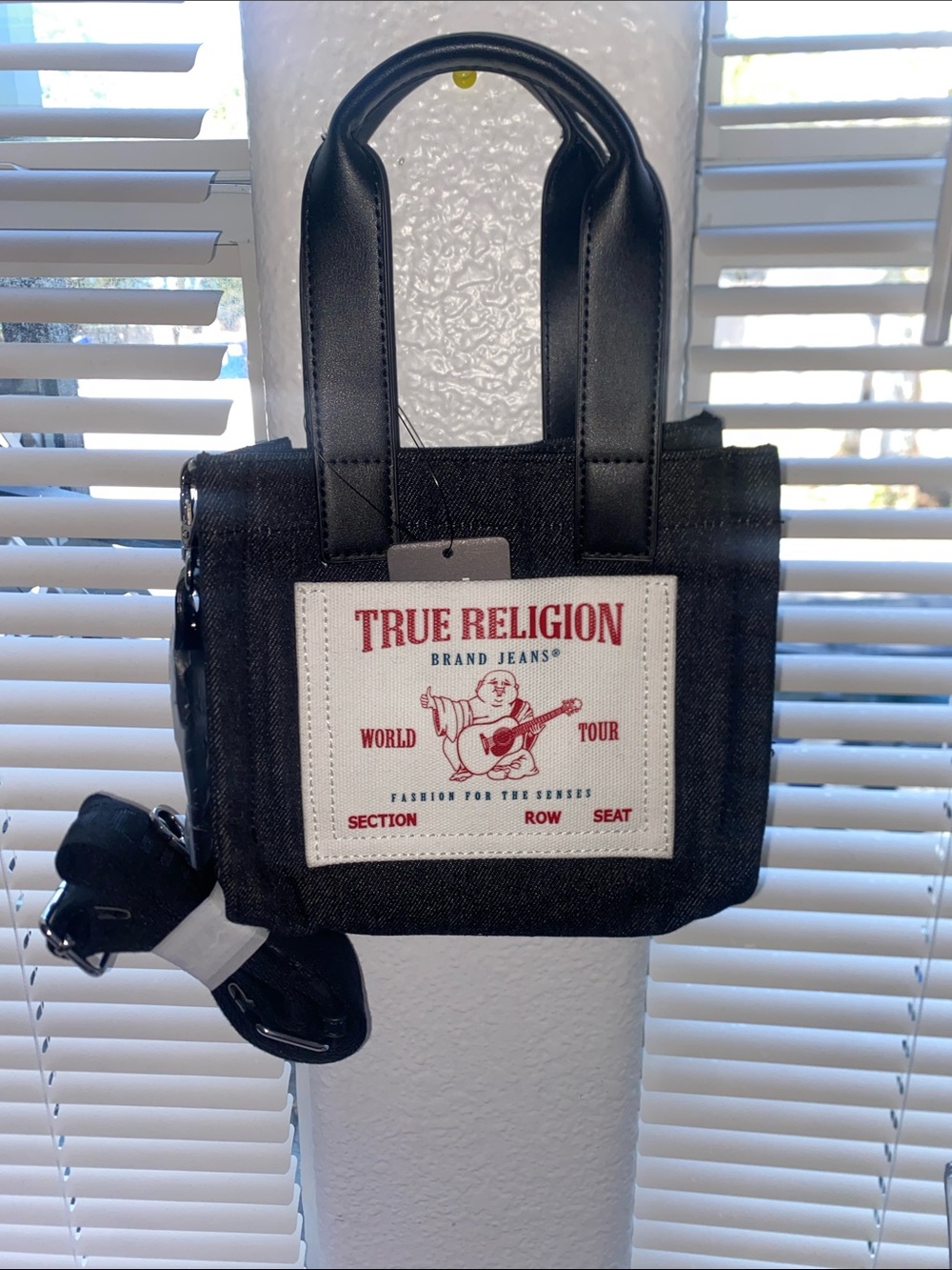 True Religion Black Mini Messenger Tote with Red Logo Patch